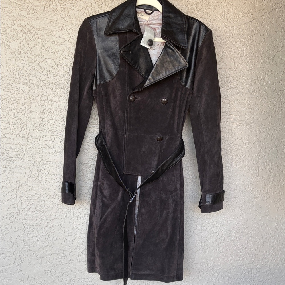 June Elegant espresso leather & Suede Trench Coat -nwt